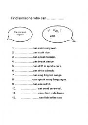 English Worksheet: Find someone who can