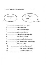 English Worksheet: Find someone who can