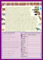 English Worksheet:  Lets save the animals of our world:Reading