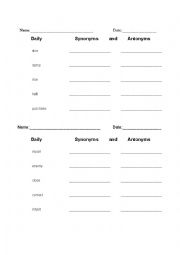 English Worksheet: Daily Synonyms and Antonyms 4