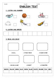 English Worksheet: TOYS and COLOURS TEST