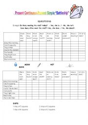 English Worksheet: PRESENT SIMPLE - PRESENT CONTINUOUS BATTLESHIP