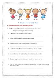 English Worksheet: So that- in order to-in case