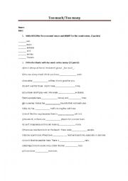 English Worksheet: Too much - Too many (Count and Noncount nouns)