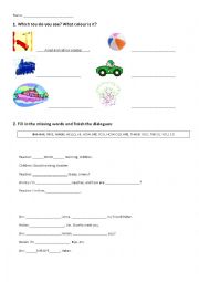 English Worksheet: numbers, colours, toys revision