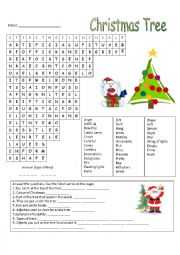 English Worksheet: Christmas Tree Wordsearch