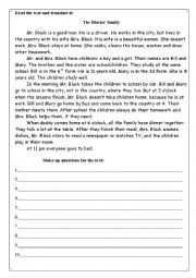 English Worksheet: Text about The Blacks family (Present Simple, to be in Present, daily routines)