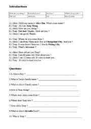 English Worksheet: Introductions reading comprehension beginners