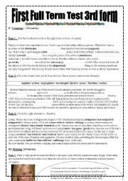 English Worksheet: First Full Term Test For the 3rd form Arts