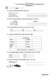 English Worksheet: AN EXAM FOR -A1.2- LEVEL STUDENTS