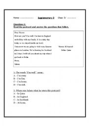 English Worksheet: Reading Comprehention, Post Card