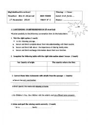English Worksheet: Mid term test n 1 for 3rd formers 