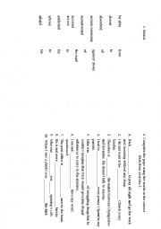 English Worksheet: Prepositional Phrases able to, absent from, absorbed in, account for, accuse someone of, accustomed to, across the road, addicted to, advise against/about, afraid of