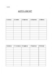 English Worksheet: numbers11-20
