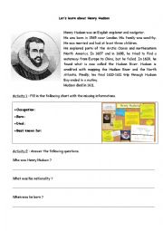 English Worksheet: navigators : Henry Hudson