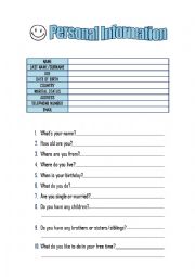 English Worksheet: Personal Information