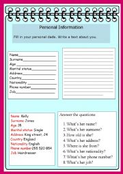 English Worksheet: personal Information