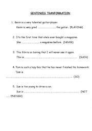 English Worksheet: SENTENCES TRANFORMATION