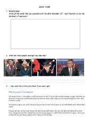 English Worksheet: Worksheet on Armistice Day, poppies and article about the Tower of London Poppy display