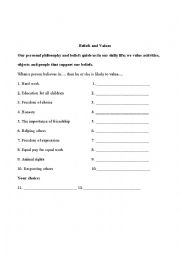English Worksheet: Belief and Values