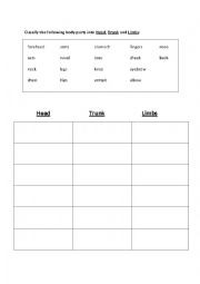 English Worksheet: body parts-head, trunk and limbs