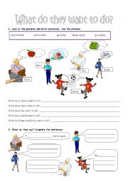 English Worksheet: What do they want to do?