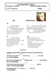 English Worksheet: She / Charles Aznavour /certainty uncertainty