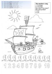 English Worksheet: PIRATES SHIP  - colour and count