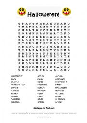 English Worksheet: A Halloween word search + sentence to find