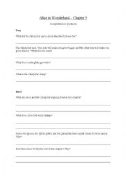 English Worksheet: Alice in Wonderland Chapter 5 Comprehension Questions