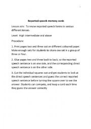 Reported speech memory game