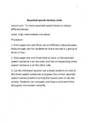 English Worksheet: Reported speech memory game