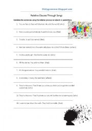 English Worksheet: Relative Clauses Through Songs