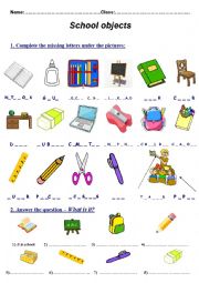 English Worksheet: school objects