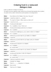 English Worksheet: In a restaurant role play dialogue_ using WOULD
