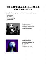 English Worksheet: Nightmare before Christmas Movie Questionnaire