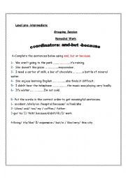 English Worksheet: Coordinators: and-but-because