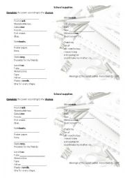 English Worksheet: School supplies poem