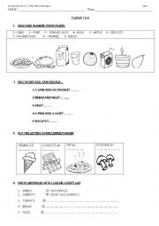 English Worksheet: Test: Food - Numbers- Like/dont like