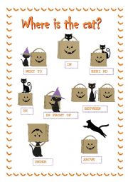 English Worksheet: Halloween prepositions ***Where is the cat?***