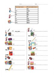 Classroom objects + Possessive determiners