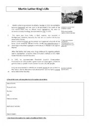 English Worksheet: Martin Luther Kings life