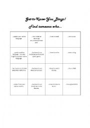 English Worksheet: Get To Know You Bingo