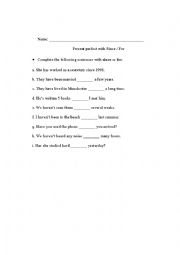 English Worksheet: for and since