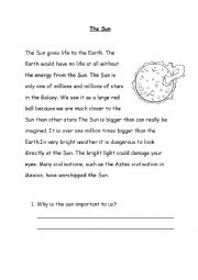 English Worksheet: Sun Reading Comprehension