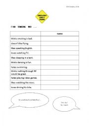 English Worksheet: Gerund as an object - Find someone who