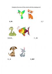 English Worksheet: Easy animals-complete with the missing letter