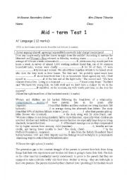 English Worksheet: Mid term 1 test ( 3rd form)