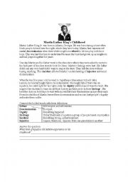 English Worksheet: Martin Luther Kings Childhood