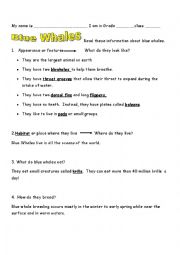 English Worksheet: Blue Whale information sheet
